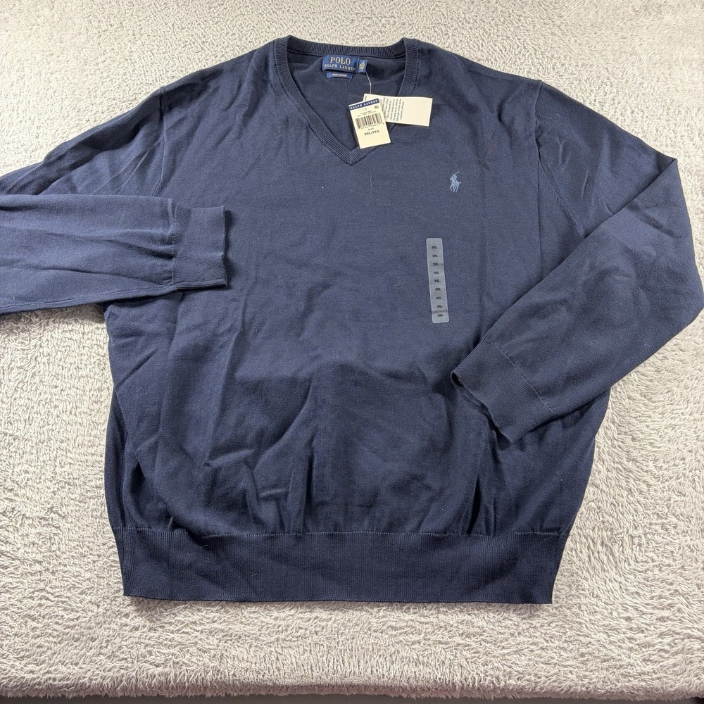 Polo Ralph Lauren‎ V Neck Sweater Mens XXL 2x Navy Blue Pima Cotton NWT